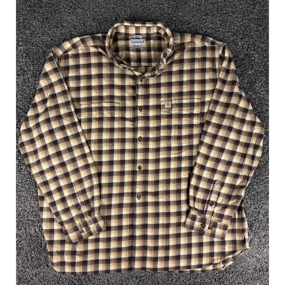 Carhartt Mens 3XL Relaxed Fit Plaid Flannel Shirt Brown Tan 103314 201